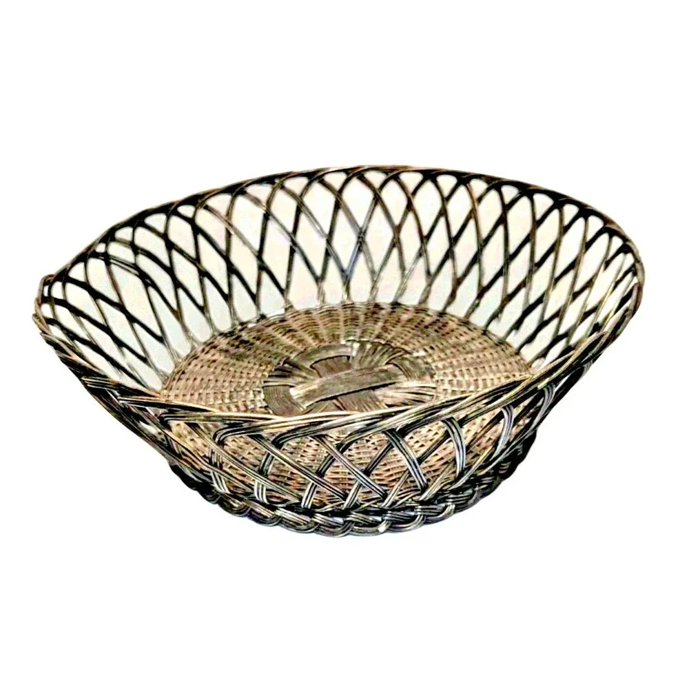 Vintage Metal Wire Basket Round Woven Bread Fruit Silver Color 10 x 3-in Kitchen